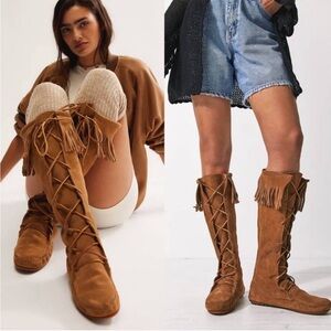Vintage Minnetonka Brown Lace Up Tall Tan Suede Leather Boots Fringe Size 10
